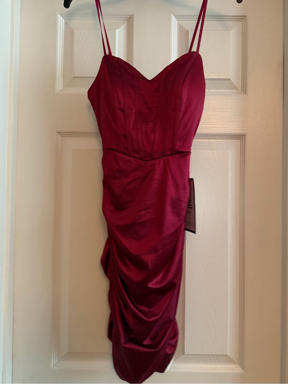 Emerald Sundae Wine Red Satin Ruched Spaghetti Strap Midi Dress